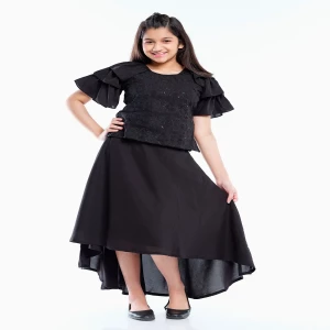 Black Embroidered Mixed Cotton Skirt Top Set